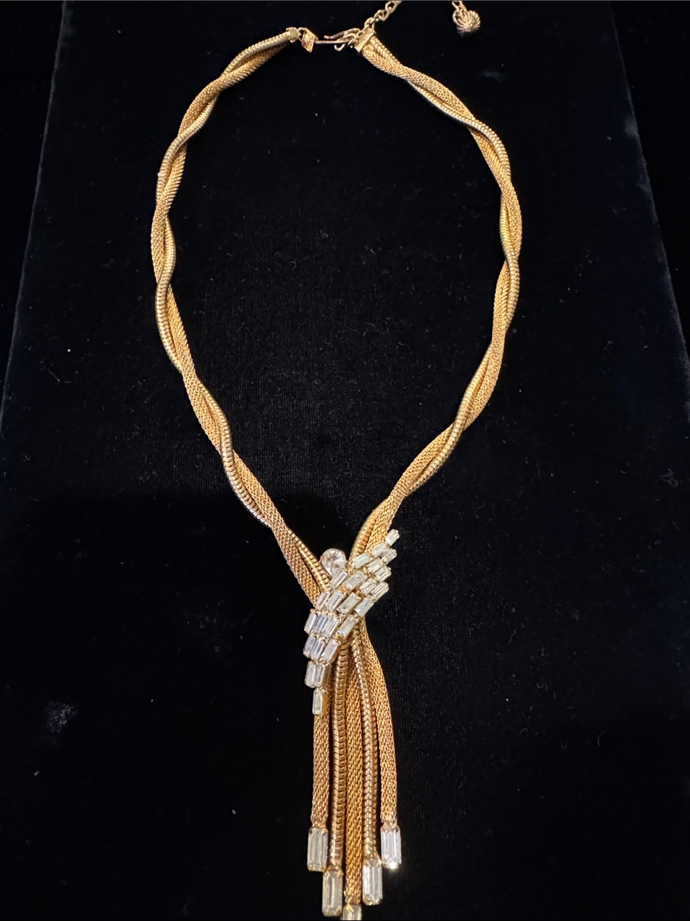 Vintage 40’s/50’s FJJ Gold-Tone Mesh Tassel Necklace with Rhinestone Accents